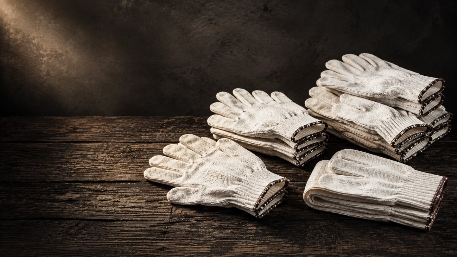 Stacked white cotton knit Asghar Gloves on rustic wood — premium hand protection